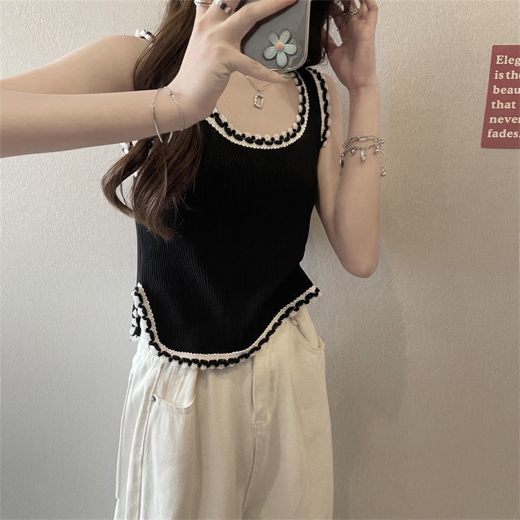 Áo IELGY dệt kim sát nách dáng rộng cổ chữ u màu tương phản thời trang cho nữ