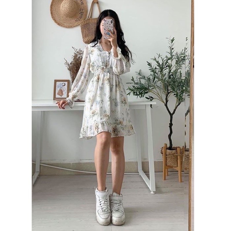 Váy Hoa Nhí Voan, Váy Vintage Hàn quốc cổ tim cúc bọc xinh Ulzzang (hình thậy/ sẵn) | BigBuy360 - bigbuy360.vn