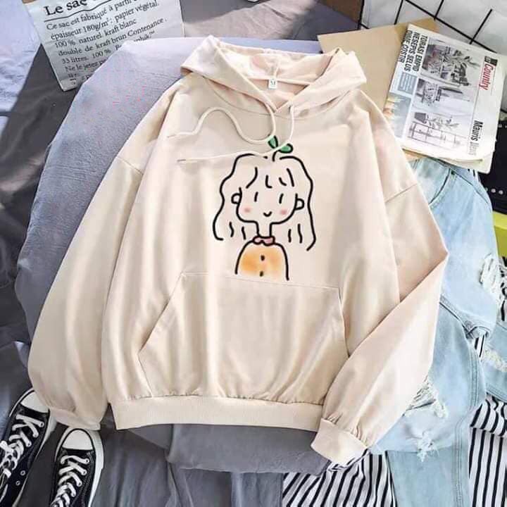 Áo hoodie nỉ in hình cô gái mầm cây ngộ nghĩnh hai màu trắng, kem dễ phối đồ đi chơi đi học, nam nữ 45-58kg đều mặc đẹp