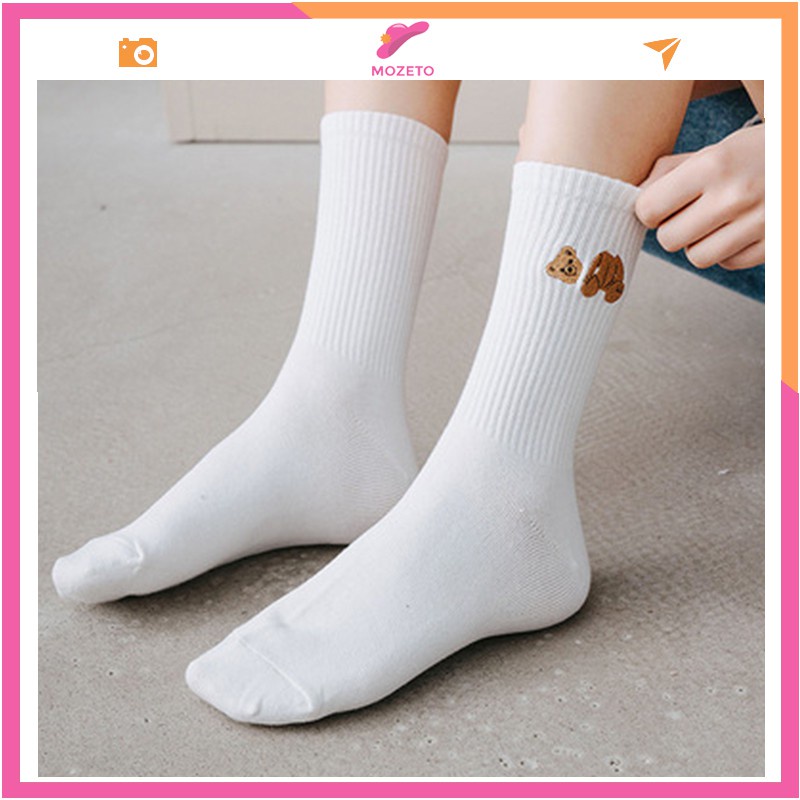 Tất thể thao nam nữ cổ cao phong cách vintage full trắng co dãn