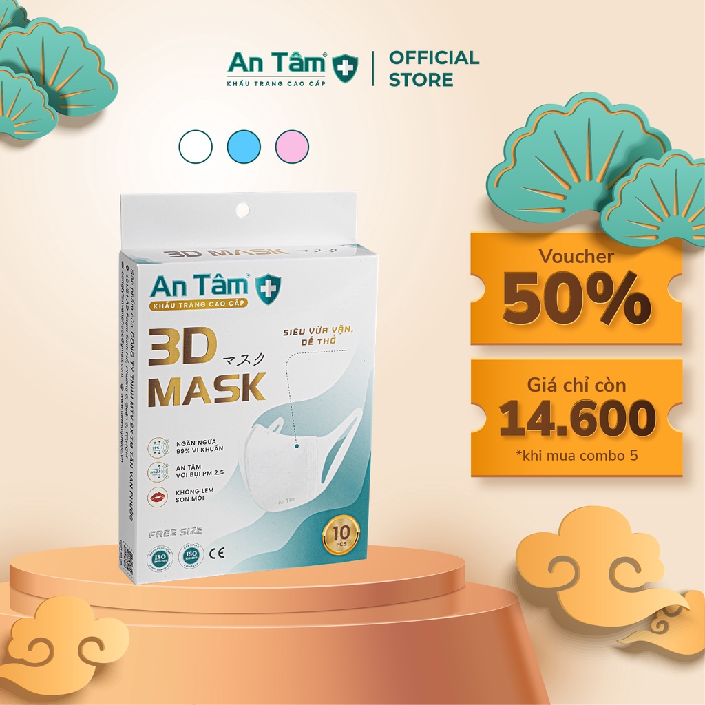 Khẩu trang y tế 3D Nhật Bản 3 lớp Giấy kháng khuẩn & Vải không dệt - Chính Hãng AN TÂM - Hộp 10 cái