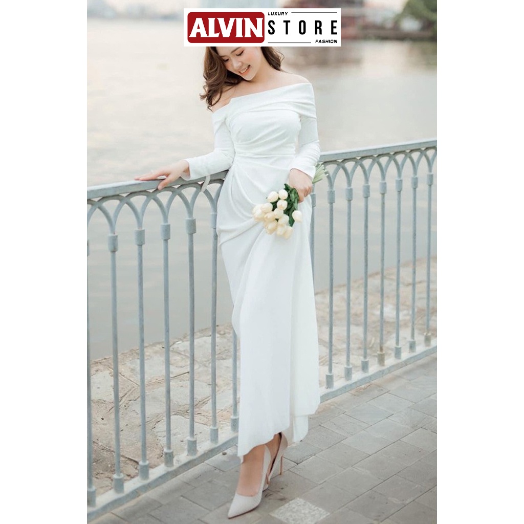 Đầm Dạ Hội Kiểu Hở Vai Tay Dài Nhún Eo Sang Trọng Alvin Store 0842