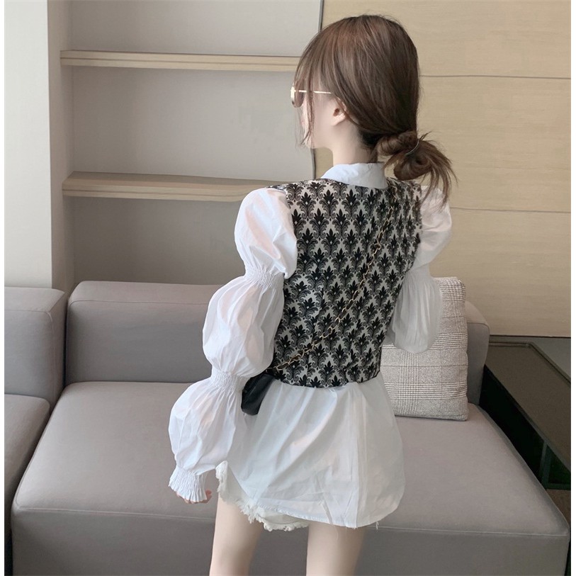 Bộ Áo Sơ Mi Trắng Tay Dài Phồng Màu Trơn + Áo Khoác Hoa Xẻ Tà Thời Trang