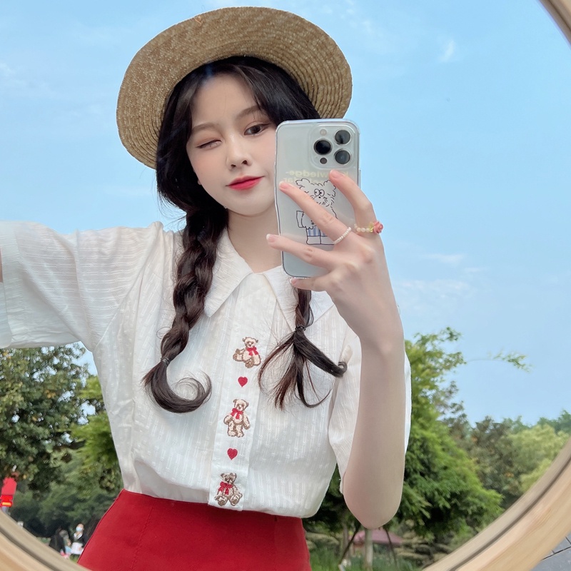 Áo Sơ Mi Ngắn Tay Họa Tiết Trái Tim Phong Cách Cổ Điển Dành Cho Nữ