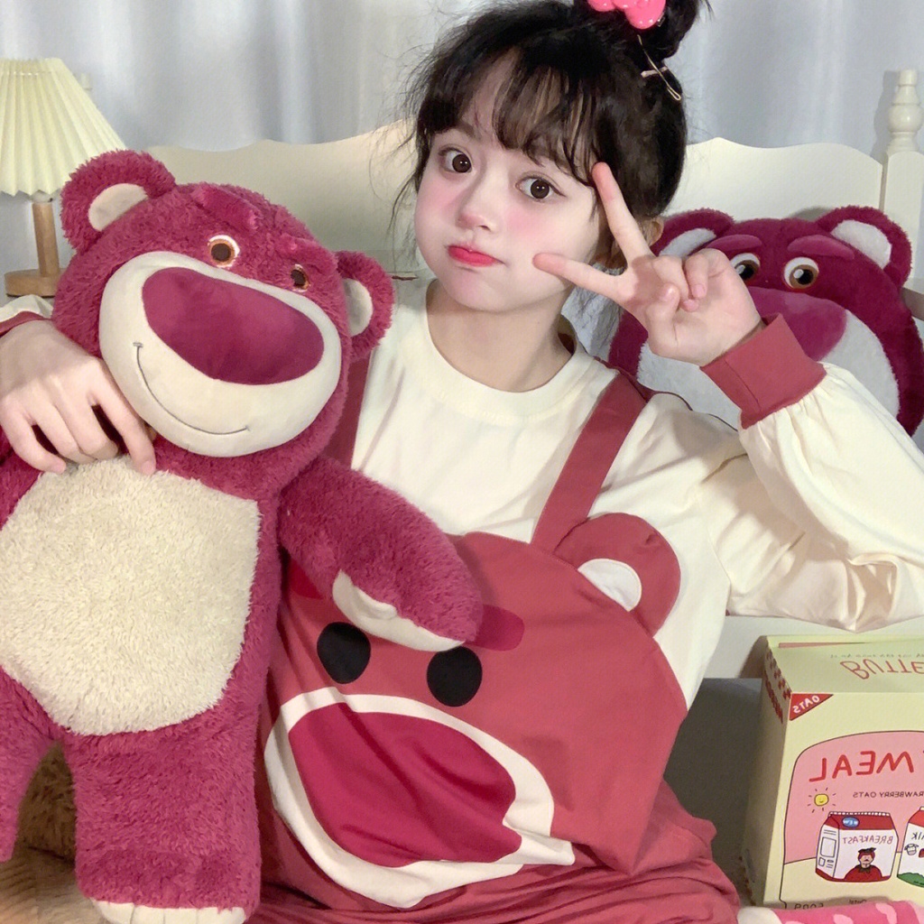 Bộ Đồ Ngủ Liền Thân Vải Cotton Dáng Rộng In Hoạt Hình Gấu Dâu Tây Dễ Thương Cho Nữ