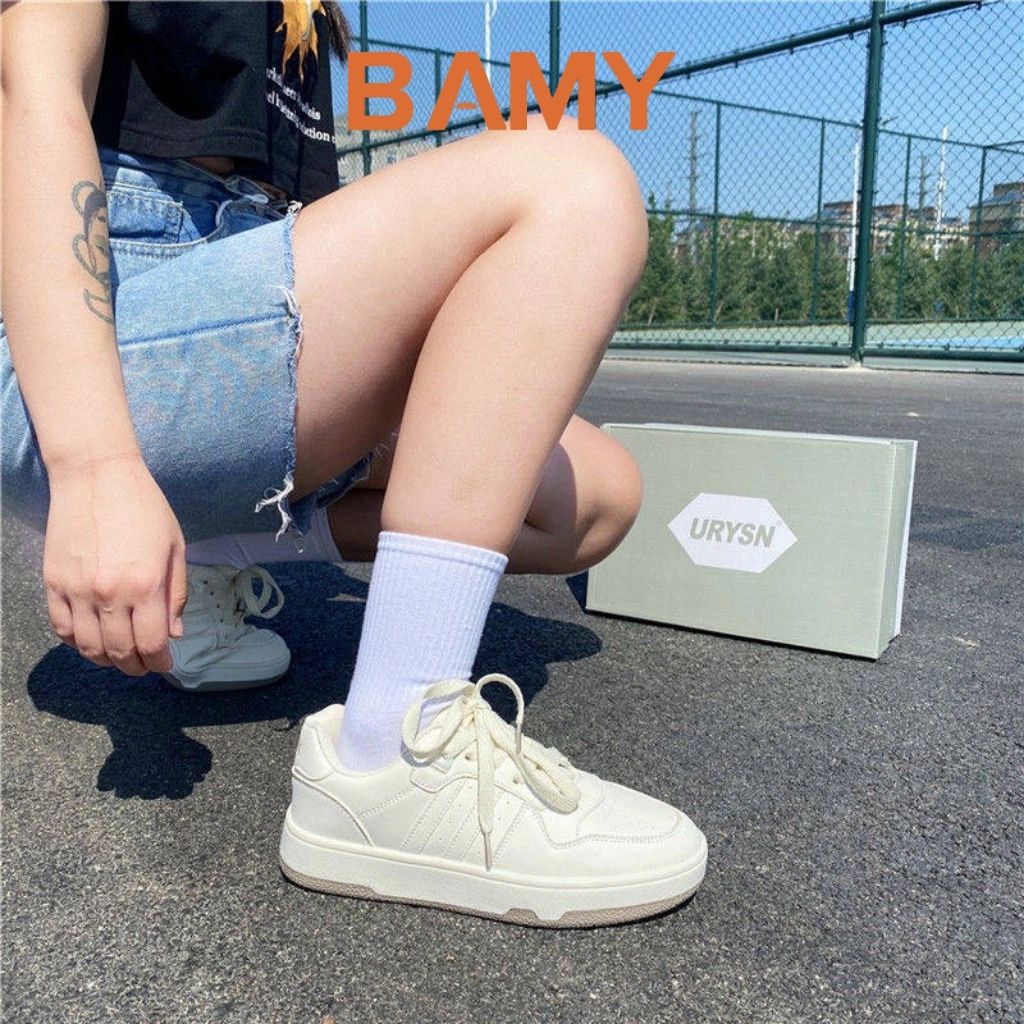 Giày thể thao Sneaker nữ trắng đế bằng phong cách RETRO, Giày nữ BAMY đế bánh mì dáng basic cao 3 phân