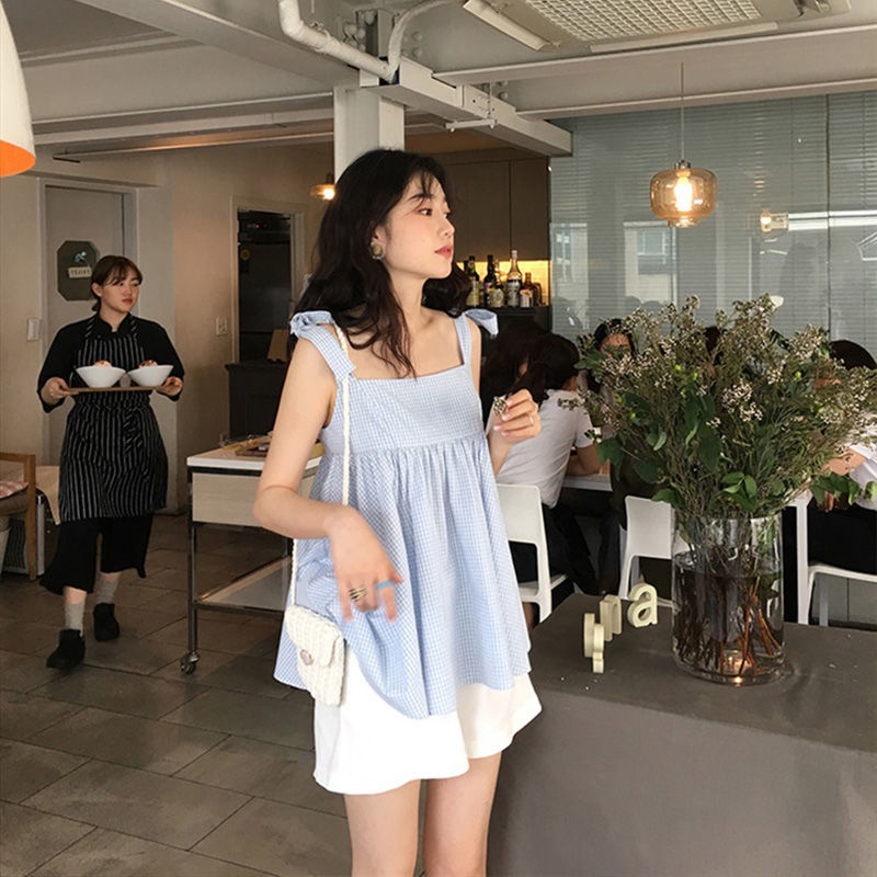 IELGY Áo Hai Dây Ngắn Dáng Suông Kẻ Sọc Caro Thắt Nơ Phong Cách Hàn Quốc Cho Nữ