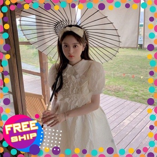 Váy babydoll vải sần cổ bèo vàng óng