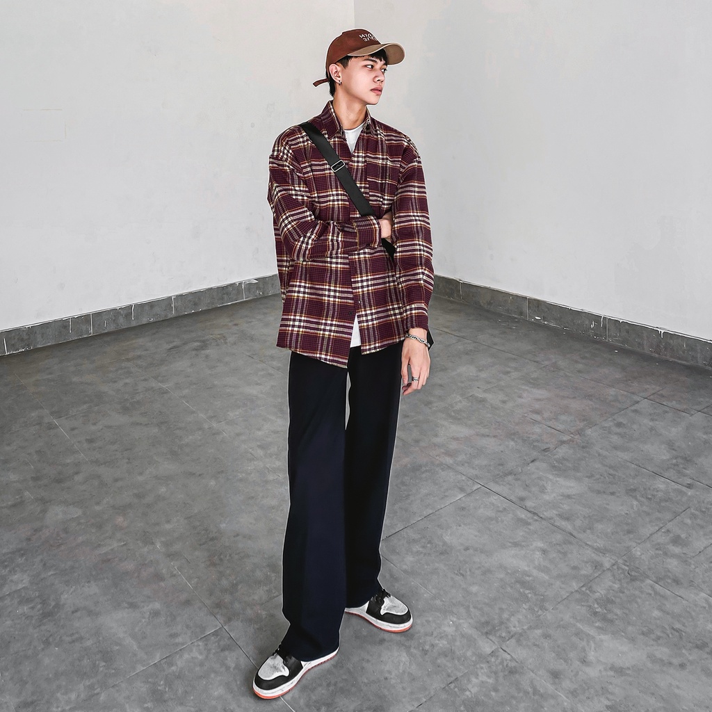 Áo Sơ Mi Flannel Màu Nâu Sọc Đỏ Form Rộng Thoải Mái Chất Liệu Cotton Thoáng Mát