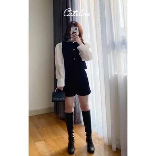 Set sơ mi nữ Cateline cổ bèo voan gile short nhung tiểu thư sang chảnh - SCL007 | BigBuy360 - bigbuy360.vn