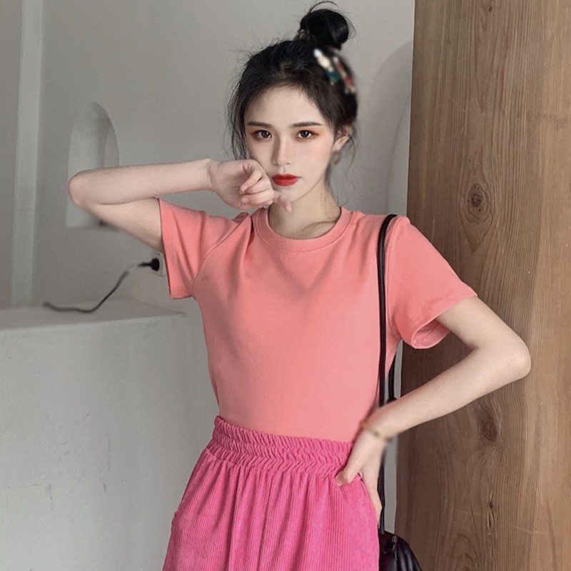 Áo Thun Ngắn Tay Màu Trơn Đơn Giản Cho Nữ