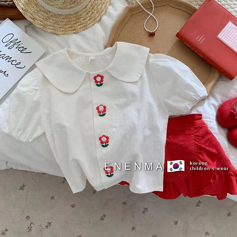 Girls' summer clothes suit 2022 new fashionable short-sleeved baby girls' summer doll shirt skirt two-piece suit fashionable