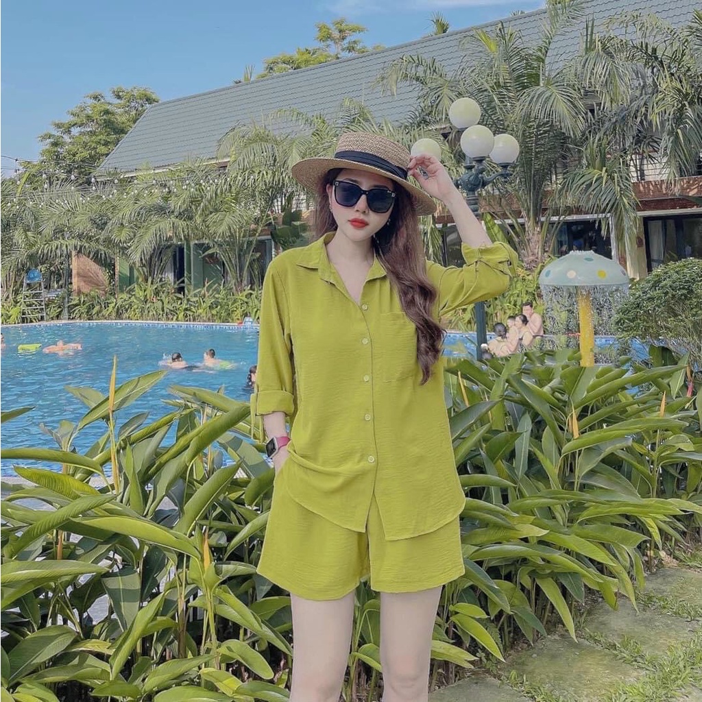 Sét bộ áo kiểu sơ mi cài nút tay dài kèm quần đùi ống rộng tôn dáng, sang chảnh thời trang nữ cho nàng đi chơi