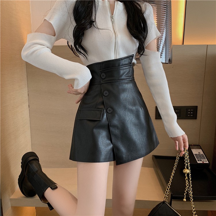 Cchân váy ngắn da PU/ áo dệt kim khóa kéo thời trang | BigBuy360 - bigbuy360.vn