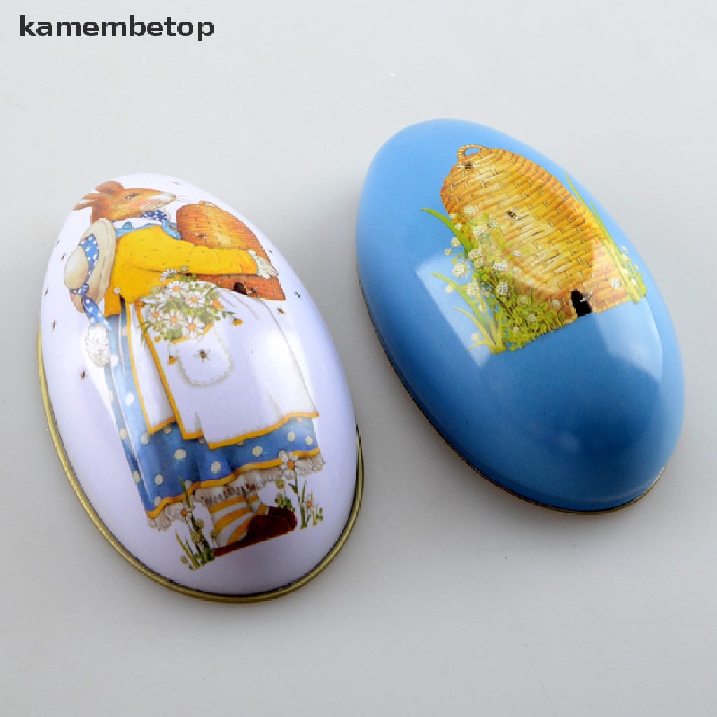 Hộp đựng kẹo bằng sắt kim loại hình trứng phục sinh họa tiết thỏ hoạt hình đáng yêu