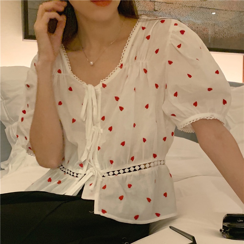 SUXI Áo Sơ Mi Cotton Ngắn Tay Thắt Dây Thêu Họa Tiết Chấm Bi Phong Cách Hàn Quốc