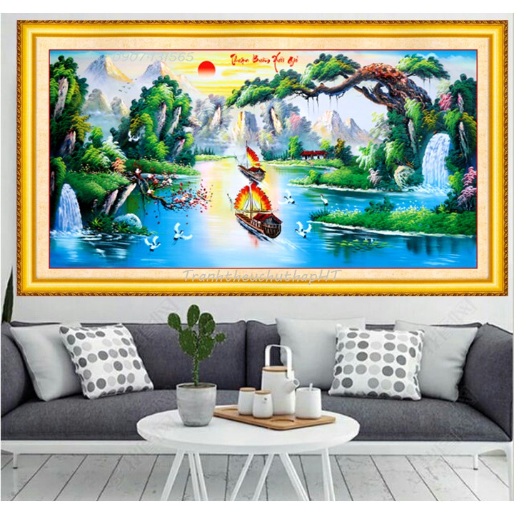 Tranh thêu chữ thập phong cảnh thuận buồm xuôi gió KT:108x55cm, tranh chưa thêu và chưa khung.Tặng kéo và sỏ chỉ