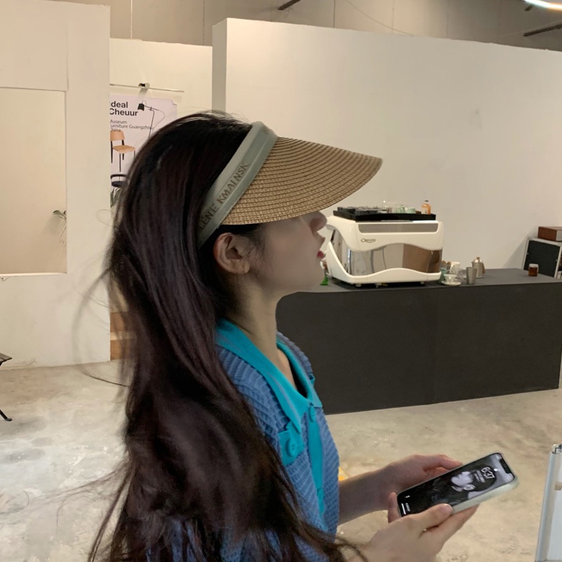 Mũ Cói Hở Đầu Vòng Màu Kem Phối Chữ Nón Đi Biển L2160