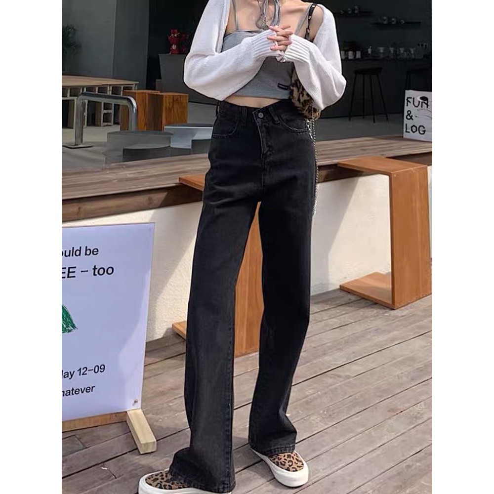Daduhey Quần jean denim ống rộng lưng cao xinh xắn cho nữ
