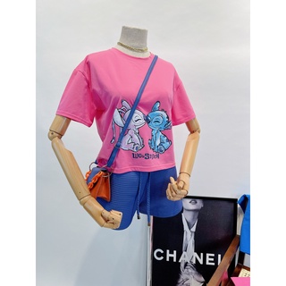 Áo thun nữ ngắn tay cổ tròn dáng croptop in hoạt hình 2 màu hồng và xanh coban chất cotton 100%
