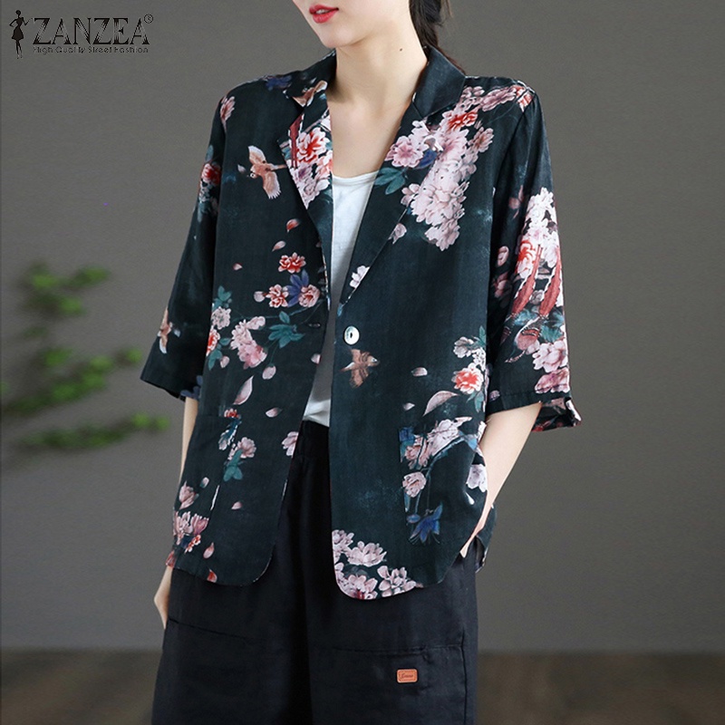 ZANZEA Women Vintage Turn-Down-Collar Front Pockets 3/4Sleeve Printed Suits | BigBuy360 - bigbuy360.vn