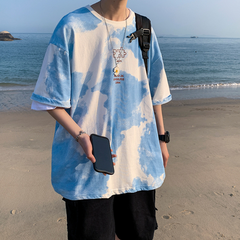 Áo Thun Tay Ngắn Cổ Tròn Form Rộng Nhuộm Màu Phong Cách Harajuku Cho Nam Size M-5Xl