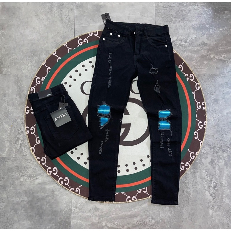Quần jean bò nam đen phối rách xước gối lót vải nhăn xanh kẻ loang dáng slimfit vải dày dặn đẹp QJ45P