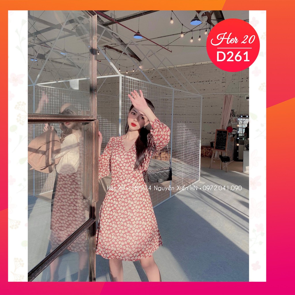 Váy cổ V dài tay hoa nhí - D261