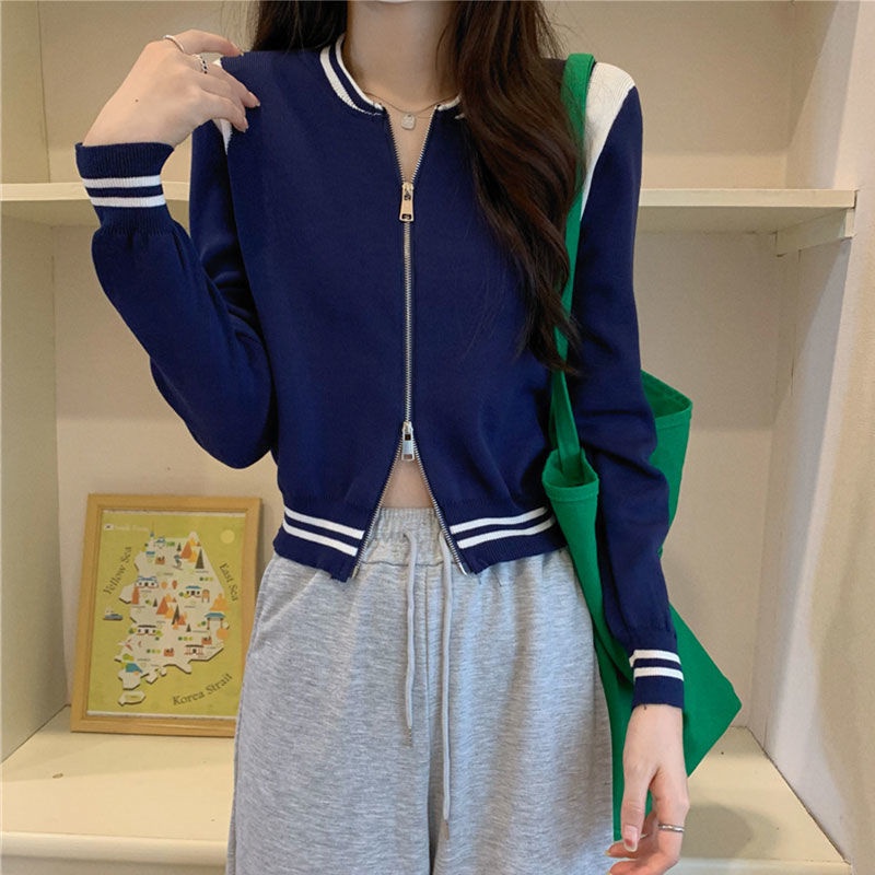 Áo khoác cardigan dài tay phối khóa kéo màu sắc tương phản phong cách Hàn Quốc