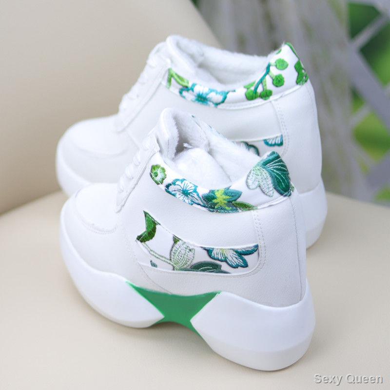 Giày cotton nhung đế dày tăng chiều cao 10cm cột dây phong cách thể thao Hàn Quốc giản dị mùa thu và mùa đông cho nữ