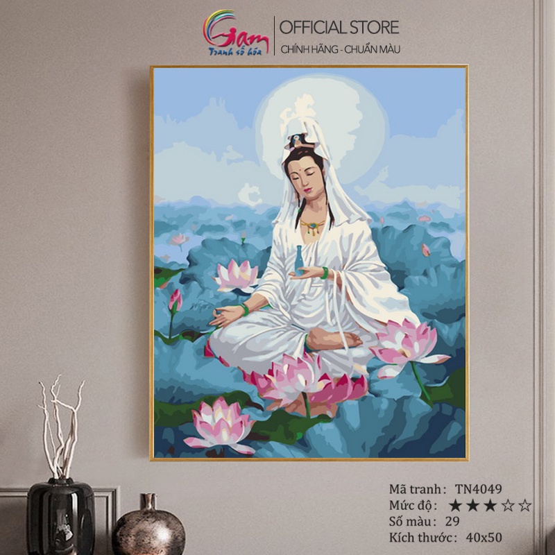 Tranh tô màu theo số Phật giáo Quan âm Bồ tát trang trí treo tường GAM đã căng khung 40x50cm TN4049