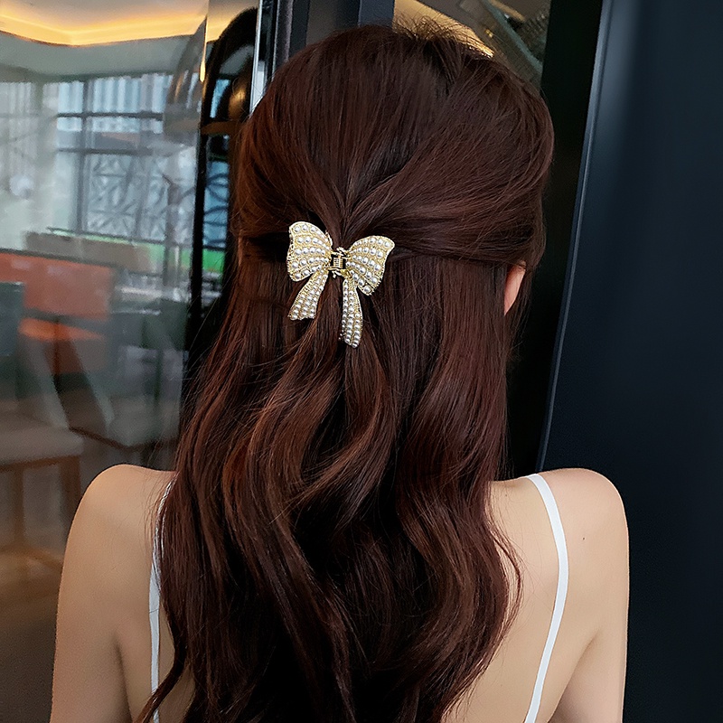 Kẹp Tóc Hình Nơ Bằng Kim Loại Đính Ngọc Trai Thời Trang Cho Nữ