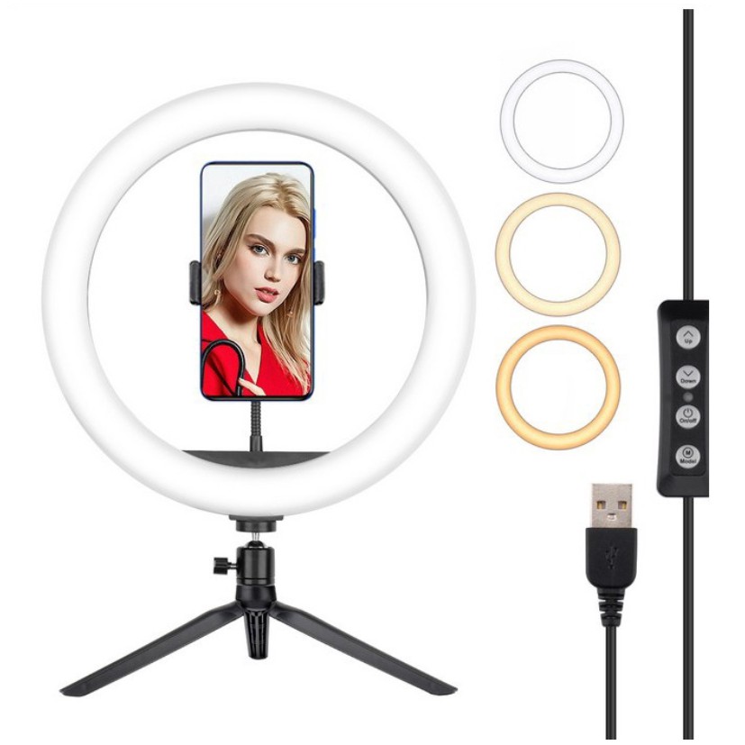 Đèn 26cm, Đèn LiveStream size 26cm, Tặng Tripod Để Bàn Có Kẹp Điện Thoại - 3 Chế Độ Màu Đèn Cực Đẹp