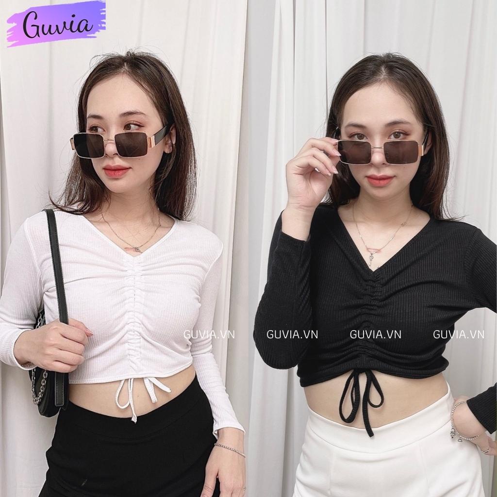 Áo Croptop Tay Dài Cổ Tim Rút Dây Kiểu Nữ Ôm Body Sexy Ulzzang GUVIA