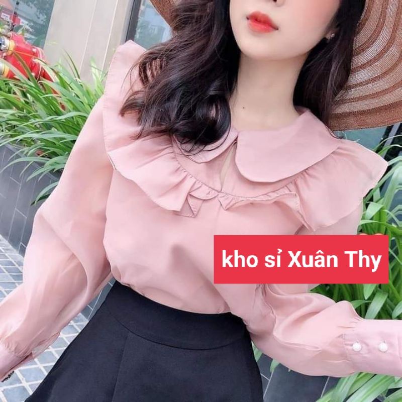 Áo sơ mi nữ tiểu thư cổ sen xếp bèo
