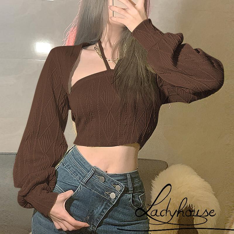 Set áo croptop dệt kim không tay và áo tay dài màu trơn thời trang cho nữ