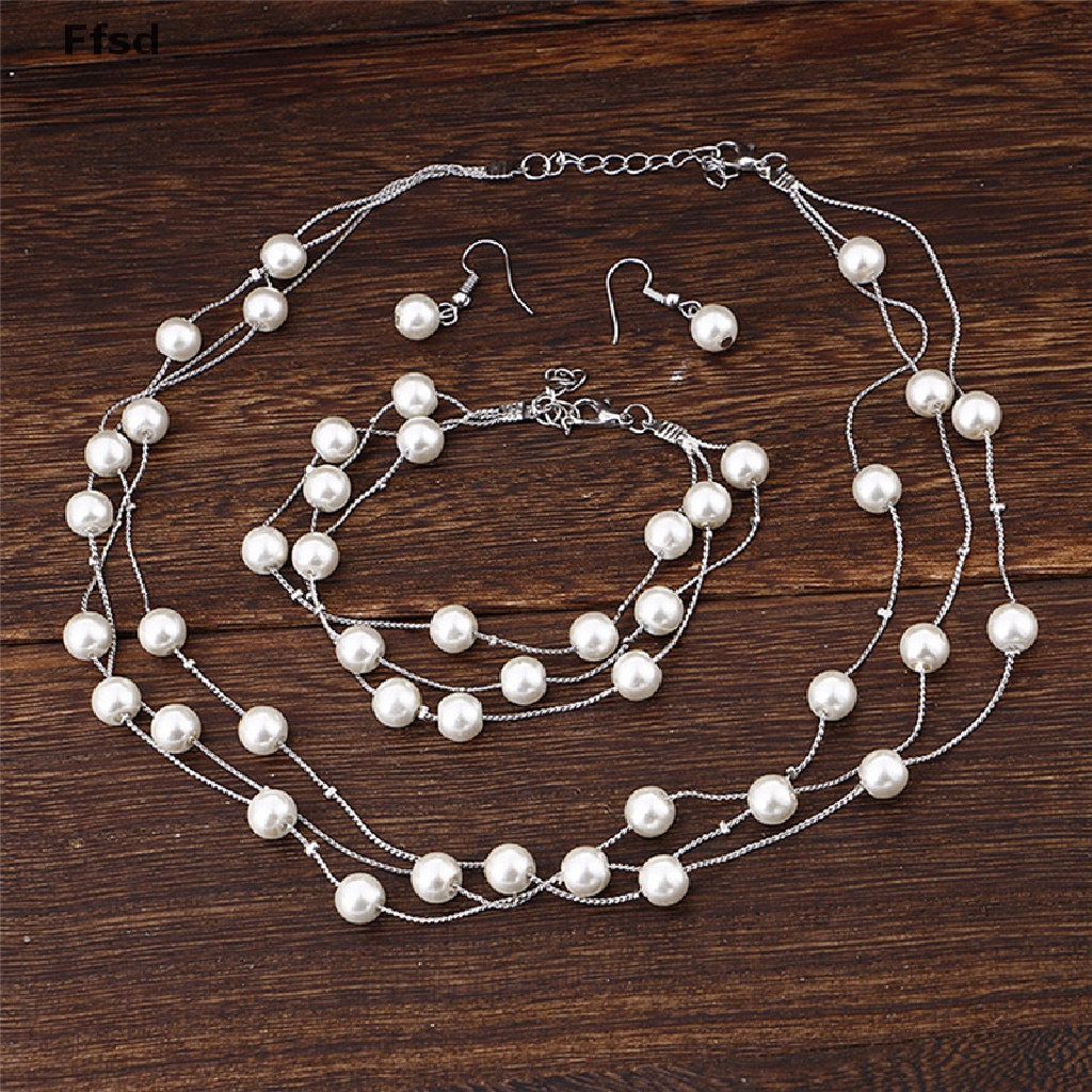 {Ffsd} Bộ Trang Sức Vòng cổ Vòng Tay Bông Tai Ngọc Trai Nhiều Lớp Thời Trang Dành Cho Cô Dâu