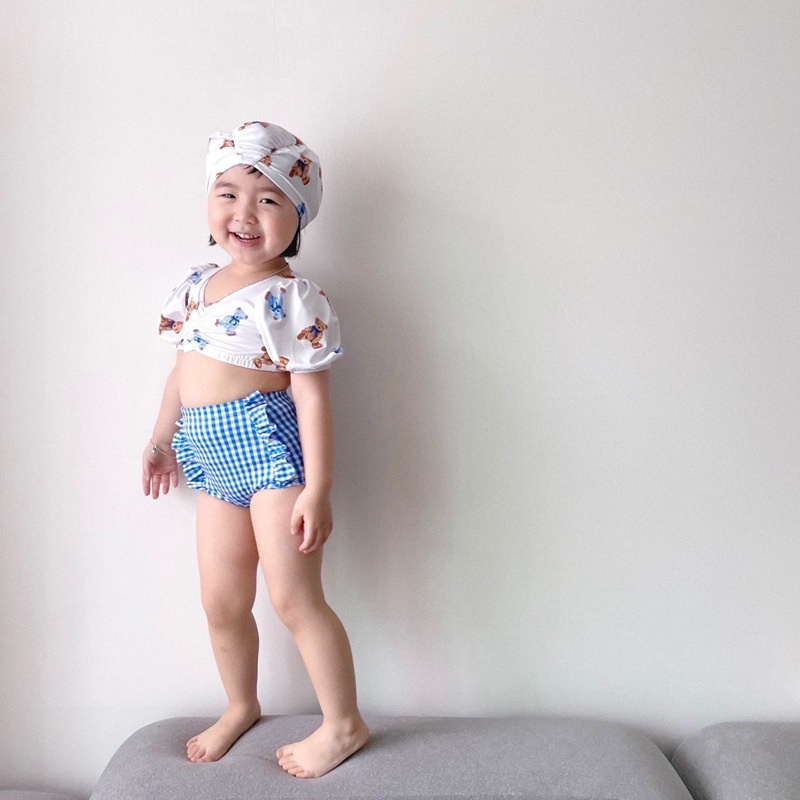 Bộ Đồ Bơi Hai Mảnh Áo Tay Ngắn Và Quần Ngắn Họa Tiết Gấu Hoạt Hình Phong Cách Hàn Quốc Thời Trang Mùa Hè Cho Bé Gái