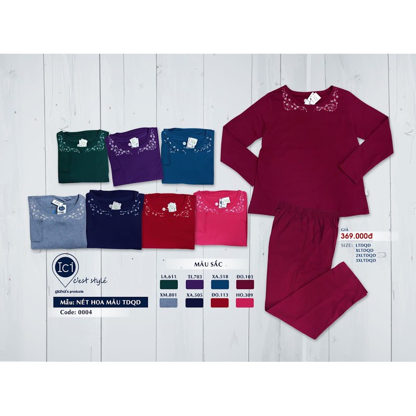 Bộ đồ dài tay nữ, bộ mặc nhà trung niên thu đông Gia Hồi  tên Nét Hoa Màu chất liệu cotton