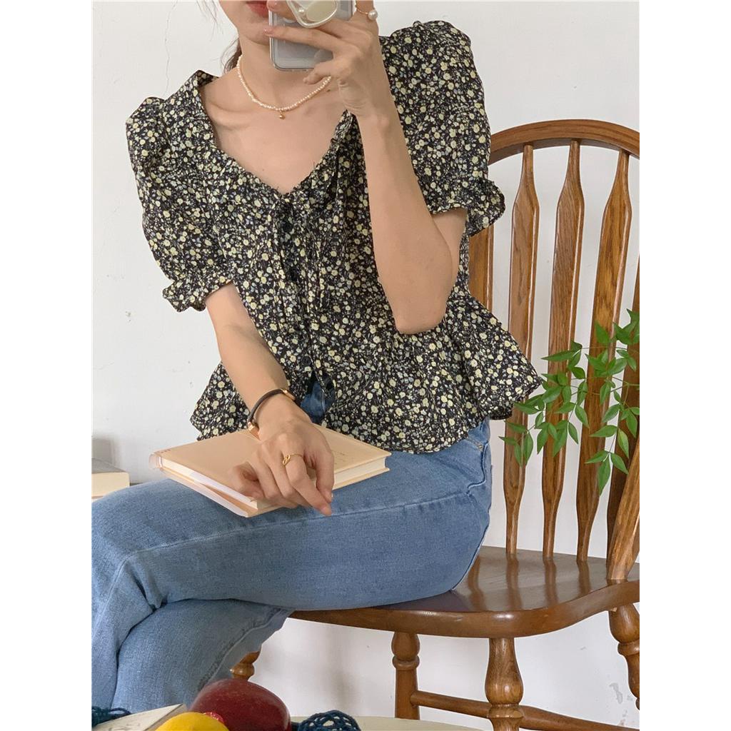 Áo Sơ Mi Nữ Tay Ngắn Xếp Nếp In Hoa Phong Cách Mới Mùa Hè 53217