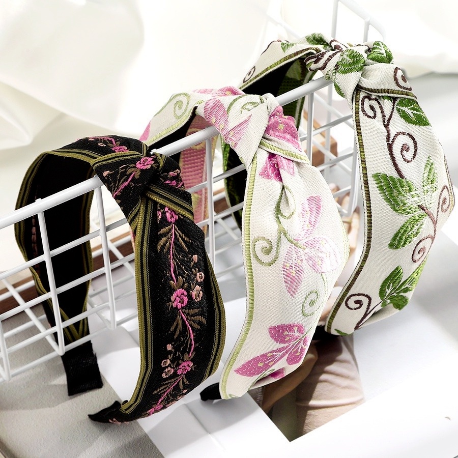 Băng đô cài tóc bản rộng thắt nút thêu họa tiết hoa lá phong cách Hàn Quốc retro thời trang dành cho nữ