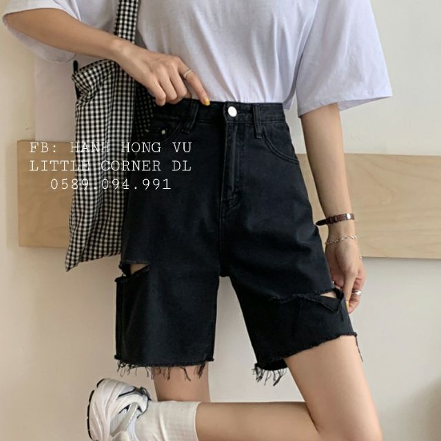 Quần short jeans ngố lửng rách sườn xẻ màu đen lưng cao form rộng ulzzang kèm ảnh thật