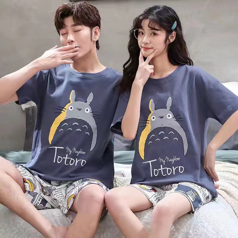 Bộ đồ ngủ pyjama vải cotton tay ngắn thời trang thu đông thoải mái phong cách Hàn Quốc cho nam và nữ