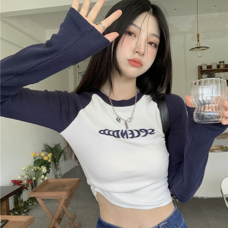 SUXI Áo Thun Tay Dài Cổ Tròn In Chữ Màu Khối Ôm Dáng Phong Cách Vintage Dễ Phối Đồ