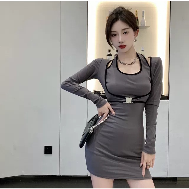 Váy Body Cổ Yếm Viền Phối Khoác LSEOUL V1292 Tôn Dáng Quyến Rũ