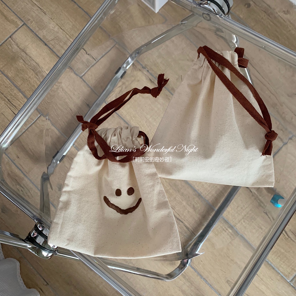 Túi Dây Rút Mini Đựng Mỹ Phẩm Thêu Hình Mặt Cười Dễ Thương