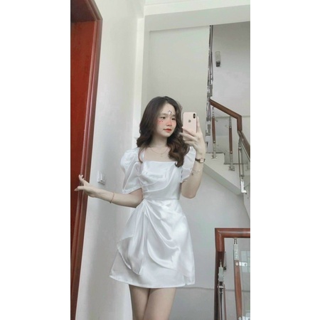 Váy đầm trắng dự tiệc sang trọng xoè nhún xoắn eo tay bồng chất lụa ánh kim xịn V169 full size AĐ BOUTIQUE