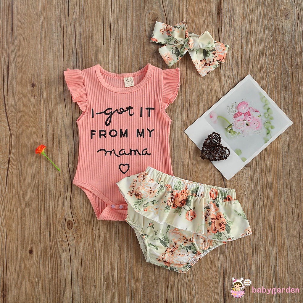 Bộ Áo Liền Quần 3 Món In Chữ Gồm Áo Tay Cánh Tiên + Quần Short Hoa + Băng Đô Cho Bé Gái