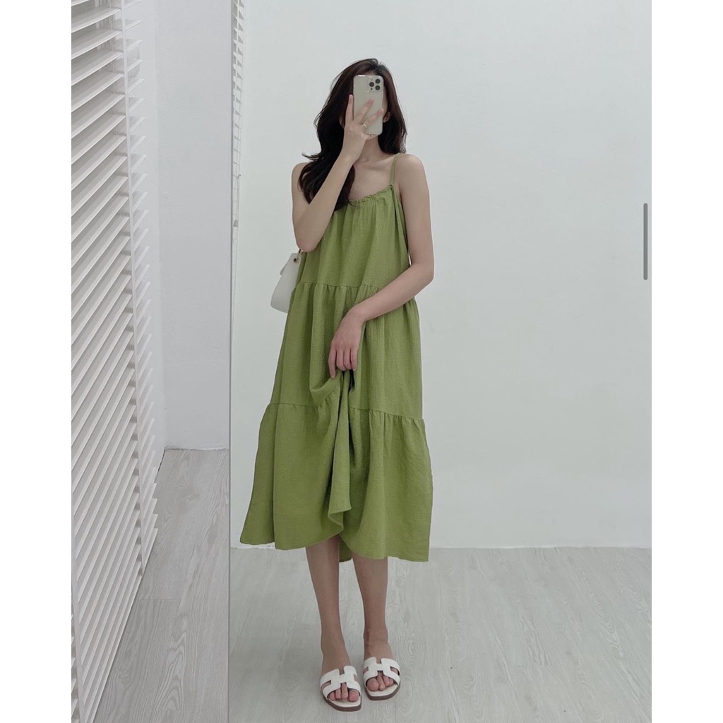 Váy babydoll hai dây dáng dài chất đũi chữ A , Đầm suông dáng xòe Vintage