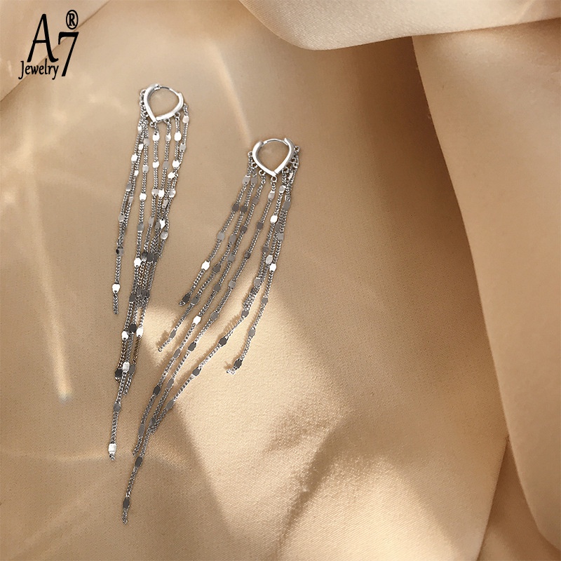 A7| Bông Tai Bạc 925 Dáng Dài Phối Tua Rua Hình Trái Tim Thời Trang X4Y51